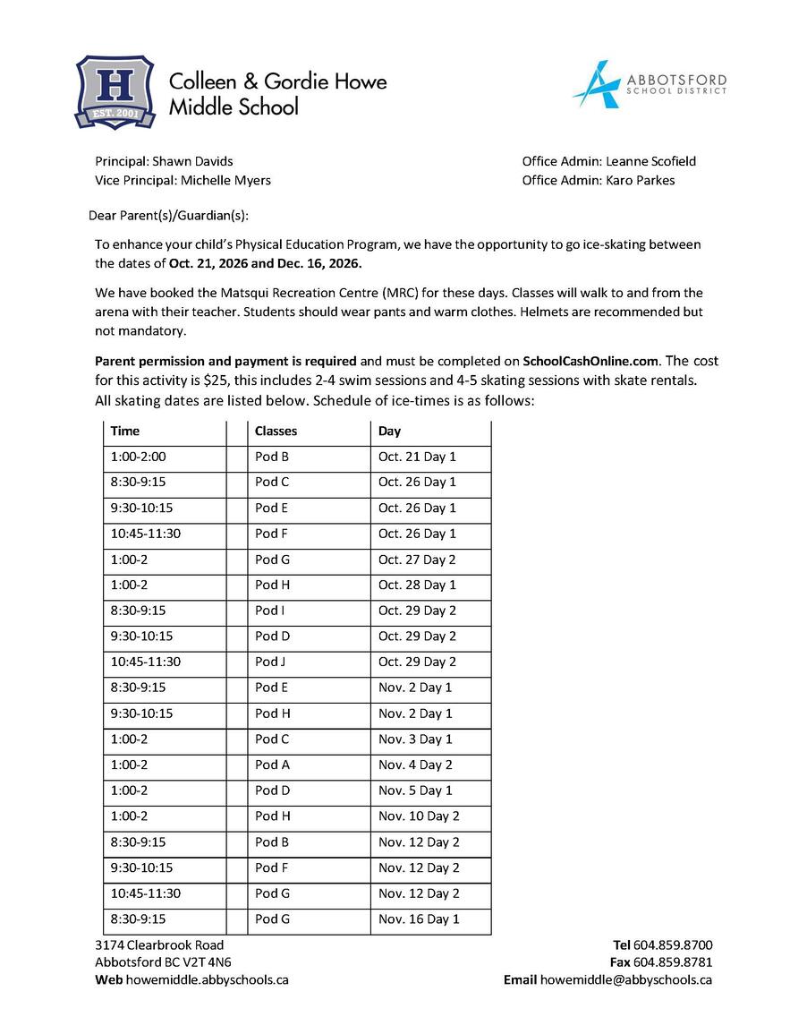 Swim/Skate Program Schedule | Colleen & Gordie Howe Middle