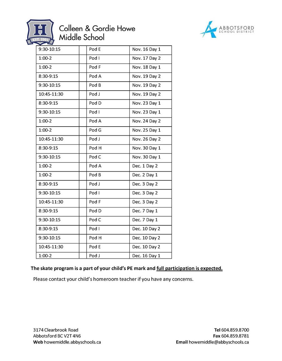 Swim/Skate Program Schedule | Colleen & Gordie Howe Middle