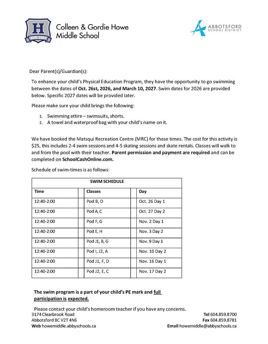 Swim/Skate Program Schedule | Colleen & Gordie Howe Middle